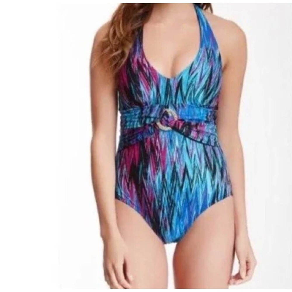 Spanx One Piece Halter Swimsuit S-8 Zigzag Print Tummy Control Ruched Shape Wear